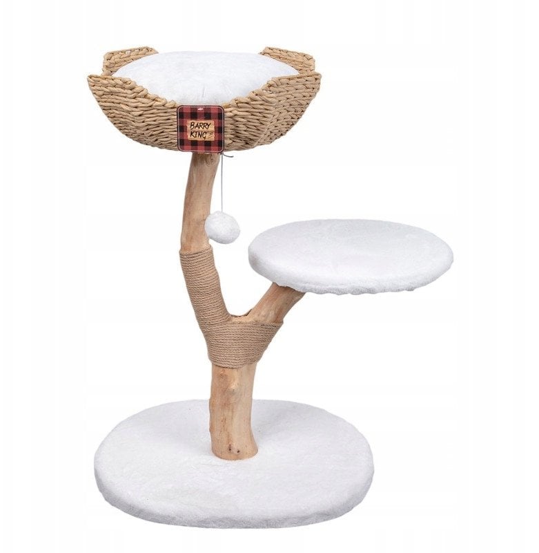 Drapak dla kota, be�owo- bia�y, 89cm, na drewnianej nodze z koszem i siedziskiem