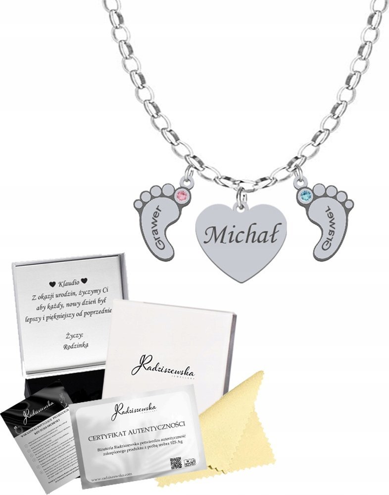 Radziszewska Jewellery Naszyjnik Srebrny SERCE STÓPKI Imię Dziecka 925 Prezent dla Mamy GRAWER