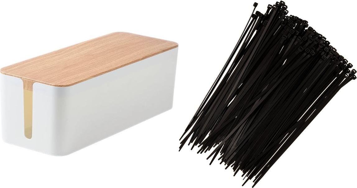 Organizer Mozos Organizer Mozos Maskownica Biały 1 sztuka (KBO-LW-WOOD) + Opaska zaciskowa Czarny 100 sztuk (MCABLE-S)