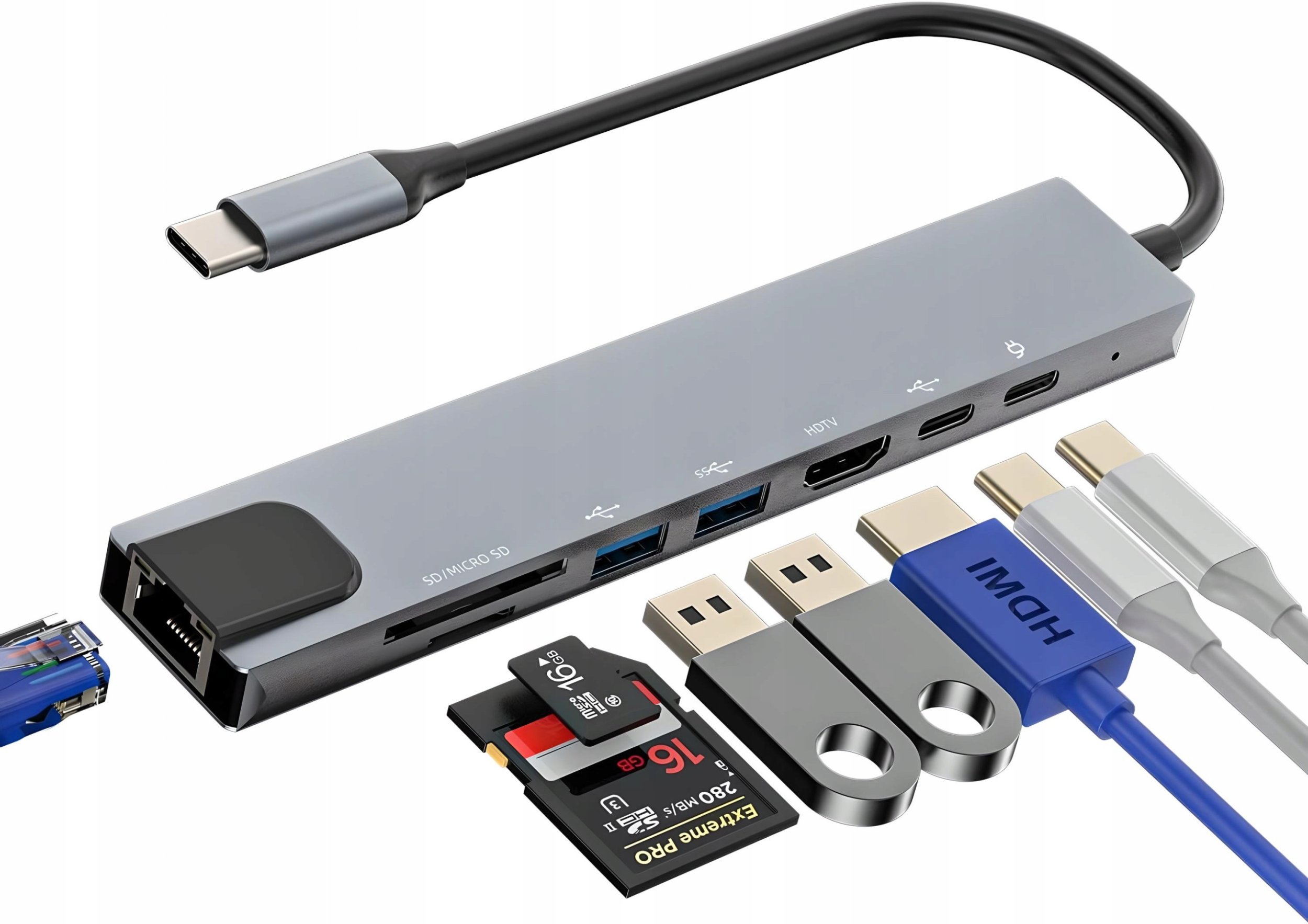 ADAPTER HUB USB 8W1 USB-C PRZEJŚCIÓWKA USB 3.0 PD HDMI SD LAN THUNDERBOLT