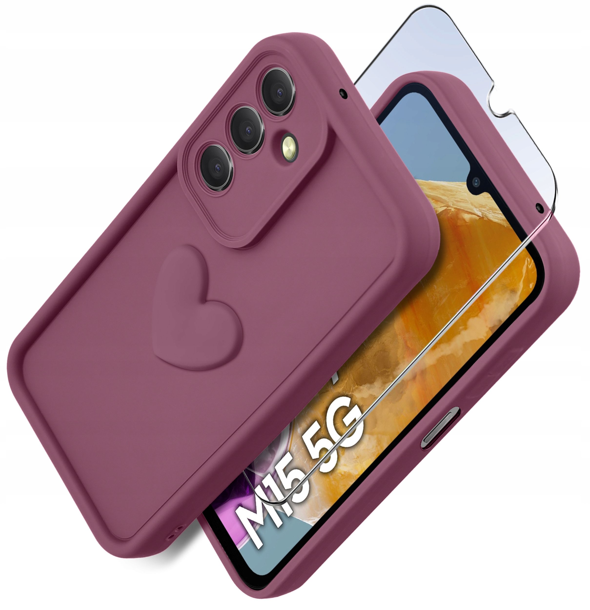 Etui do Samsung M15 5G silikonowe MATOWE serce + Szkło ochronne na ekran 9H