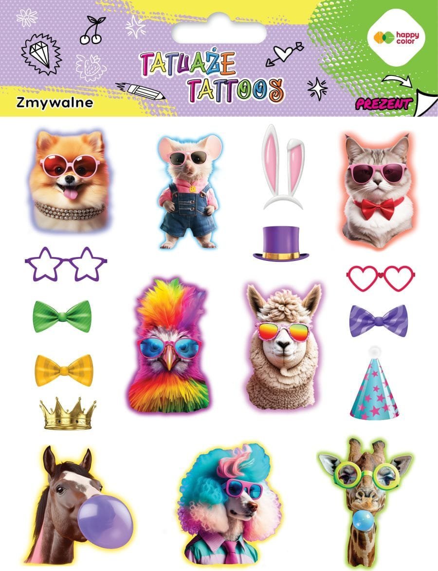 Tatuaże zmywalne ANIMALS FUNNY rozm. 150x200 mm