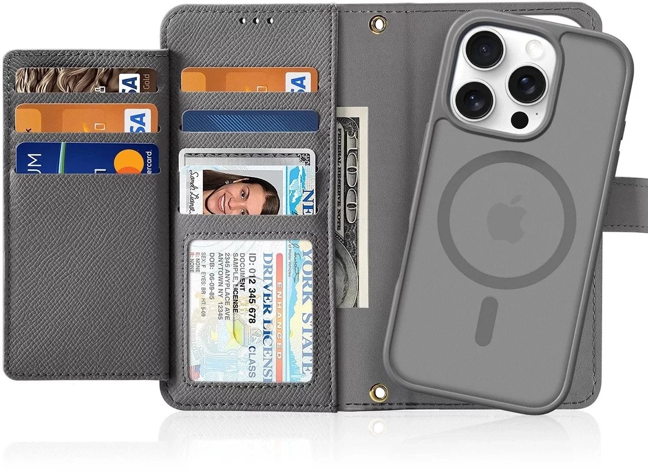 Etui skórzane do iPhone 16 Pro Max Dux Ducis Lawa z portfelem MagSafe szare