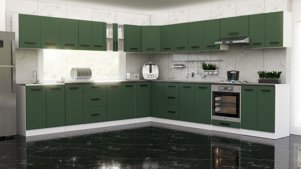 Kuchnia Narożna Pojemna Z Blatem 6.8m Biała Butelkowa Zieleń San Sebastian