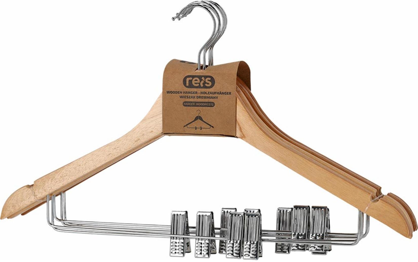 HANGER-WOODMC072 - Wieszak drewniany z metalową poprzeczką wyposażoną w klipsy chromowany uchwyt nacięcia na ramionach