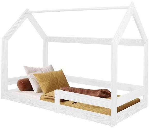 Łóżko drewniane dla dziecka z barierką i stelażem, domek 160x80 cm białe UNIWERSALNY