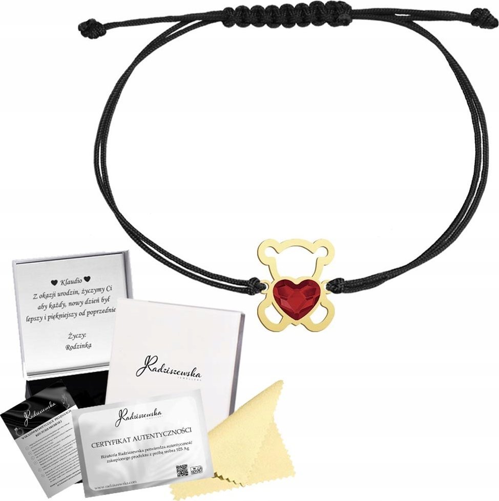 Radziszewska Jewellery Bransoletka Złota z MISIEM Serce Kryształ SREBRO 925 DEDYKACJA GRATIS