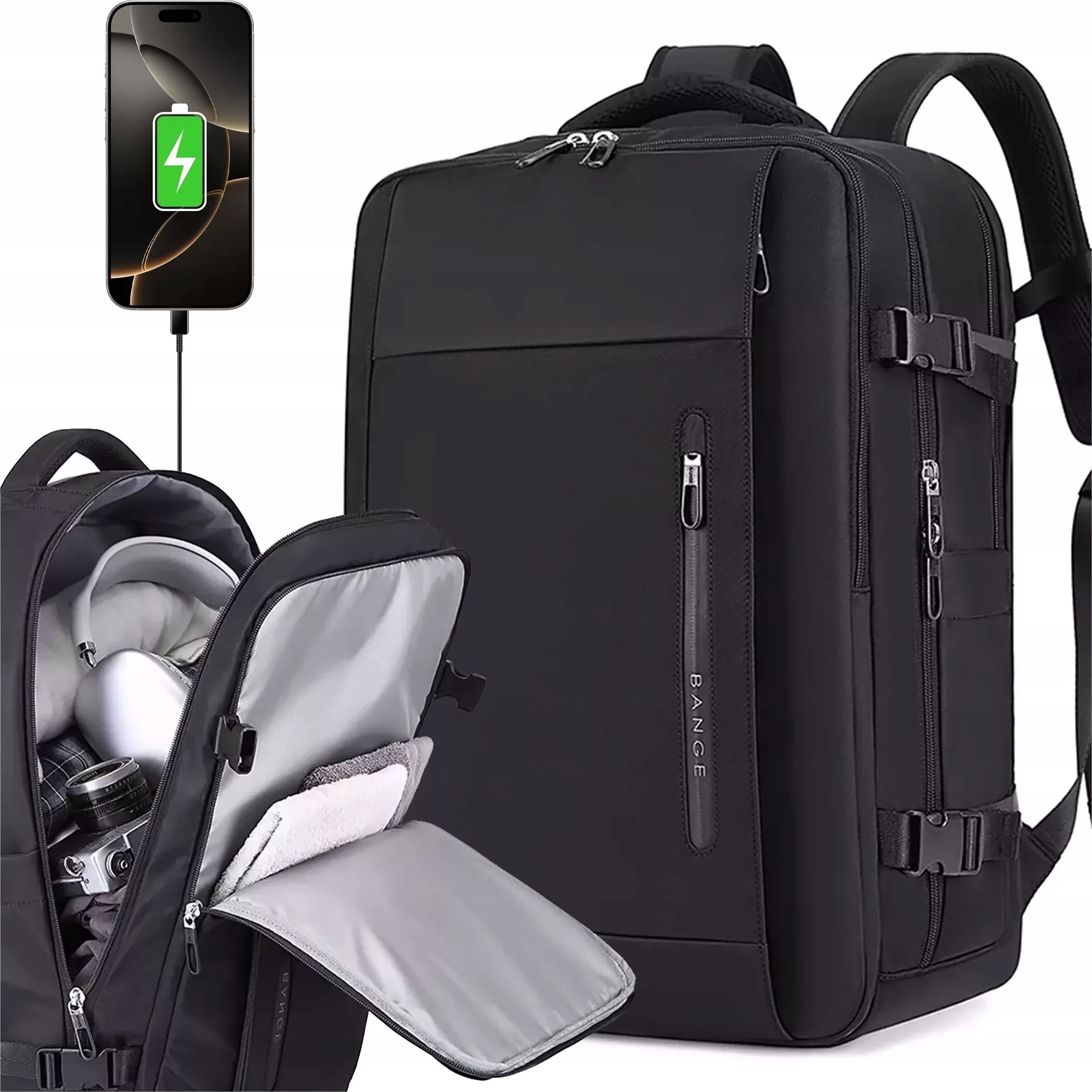 Plecak wodoodporny Bange na laptopa 15.6" miejski podróżny 46x31.5x20 cm do pracy samolotu męski damski z z gniazdem USB Czarny