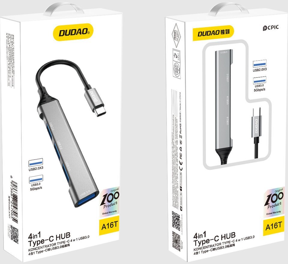 Dudao Dudao HUB 4in1 USB-C/4x USB-A(3 x USB 2.0/USB 3.0) 6,3cm czarny (A16T)