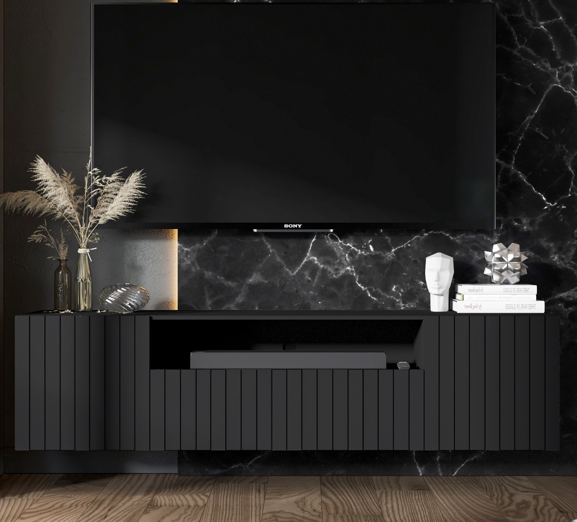 Meble Lindner Meble Lindner Szafka RTV Wisząca Glamour Elpis 2 Czarny Mat 150 cm