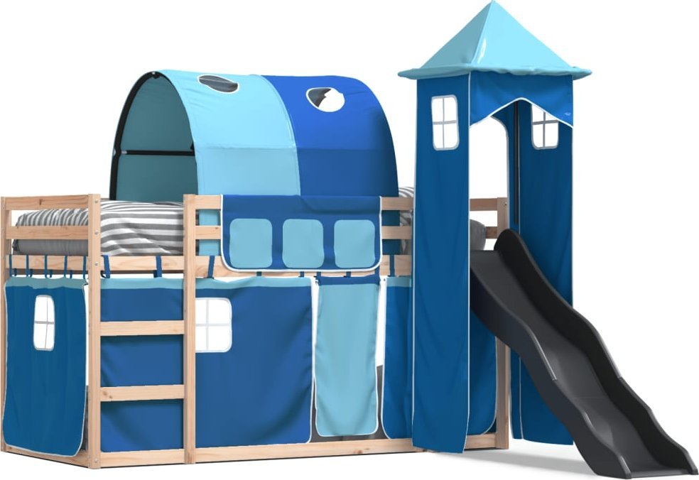 vidaXL Łóżko na antresoli, ze zjeżdżalnią i zasłonkami, 90x200 cm