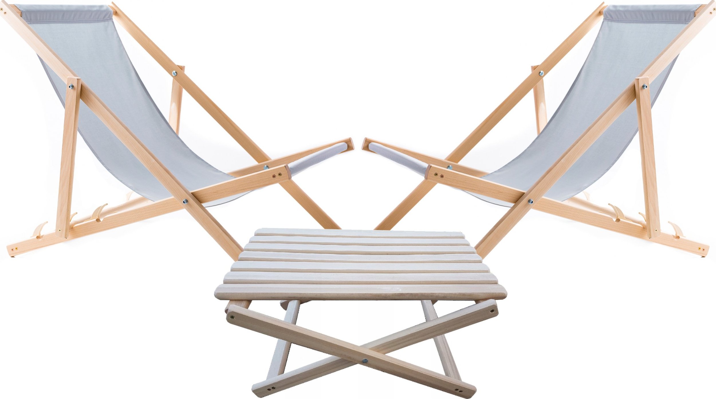 2X LEŻAK PLAŻOWY OGRODOWY DREWNIANY WOODOK jasna szara tkanina + STOLIK KAWOWY SKŁADANY