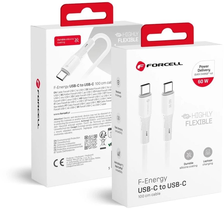 Kabel USB C do USB C Forcell F-Energy QC4.0 PD 3A 60W Silicone 1 m C344 biały