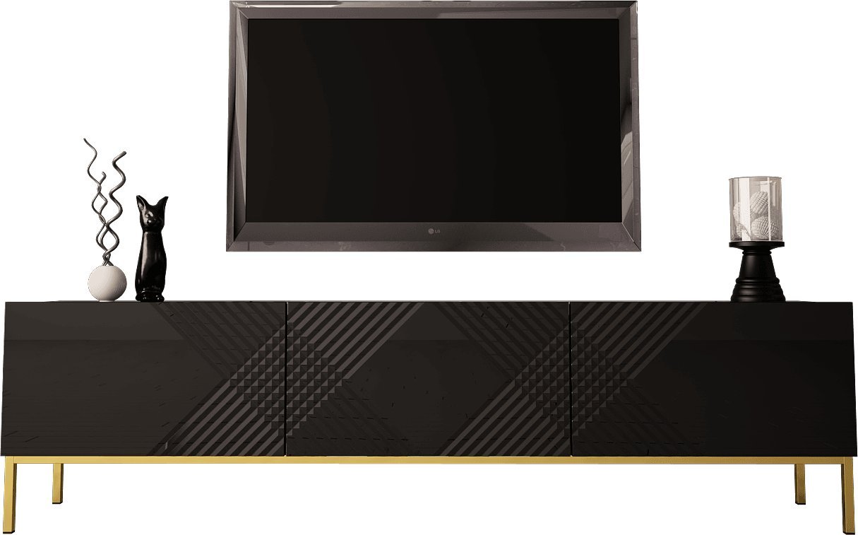 MEGSTYL SZAFKA RTV 190CM NA ZŁOTYCH NÓŻKACH - EXITO 1 Czarny mat - Czarny połysk