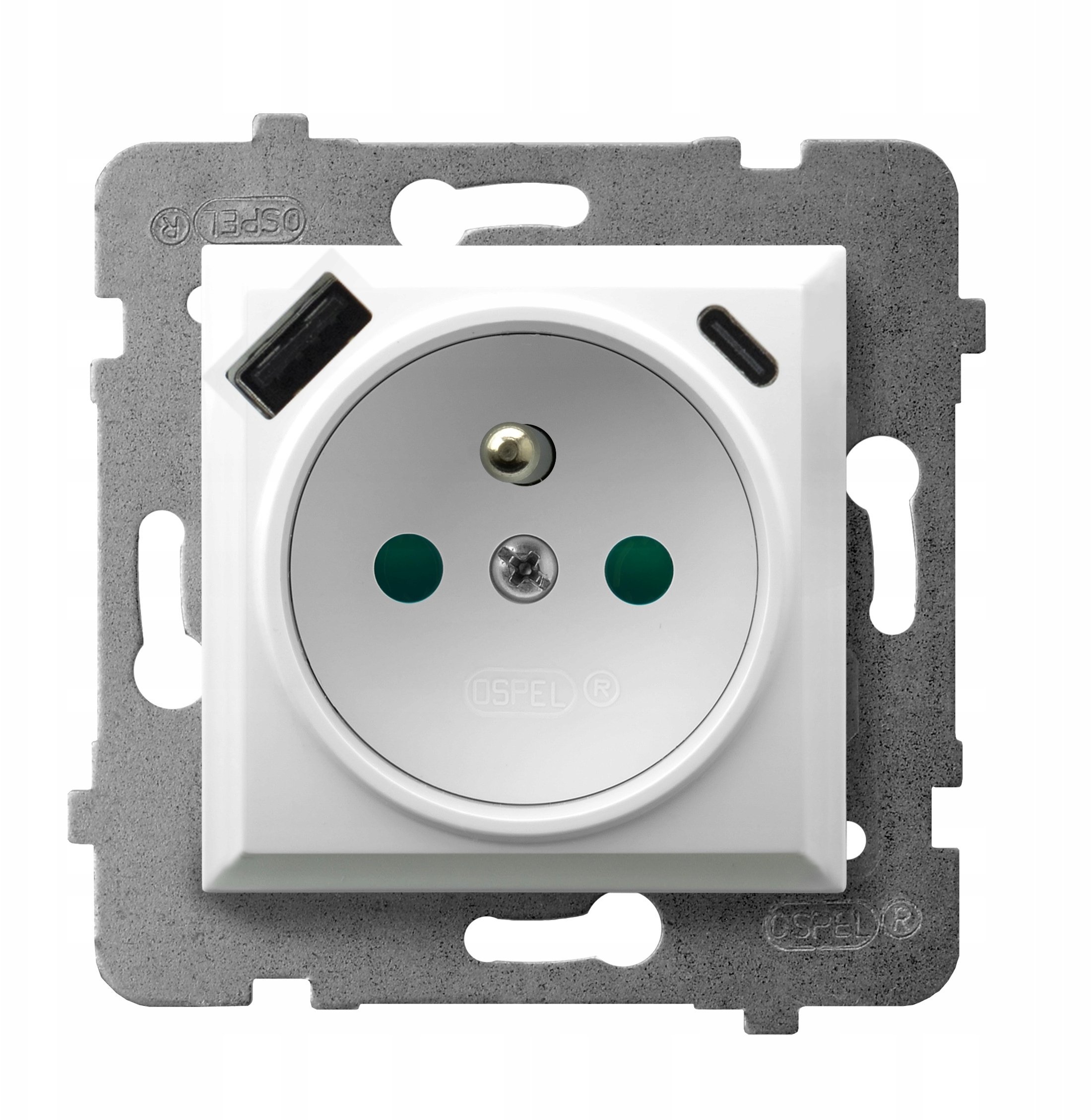 ARIA Gniazdo pojedyncze z uziemieniem z przesłonami torów prądowych, z ładowarką USB A+C biały GP-1UZPUSBAC/m/00