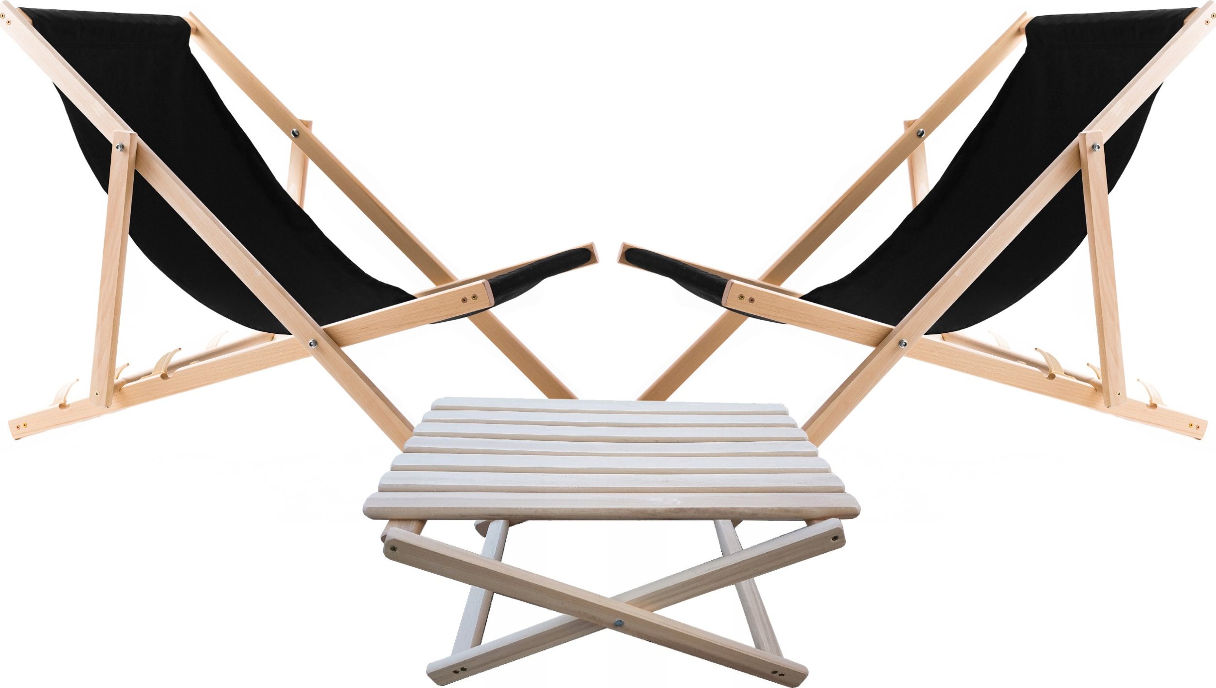 2X LEŻAK PLAŻOWY OGRODOWY DREWNIANY WOODOK granatowa tkanina + STOLIK KAWOWY SKŁADANY