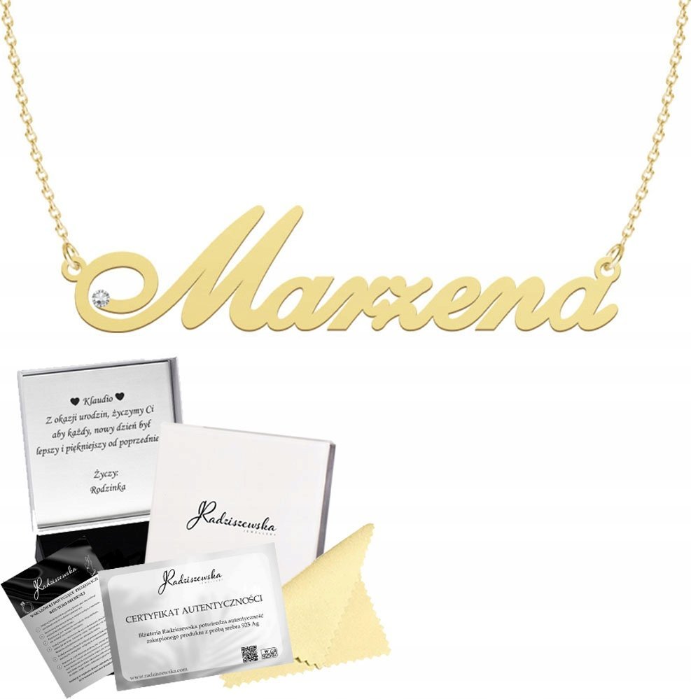 Radziszewska Jewellery Złoty Naszyjnik z Imieniem Marzena SREBRO 925 Biżuteria DEDYKACJA GRATIS