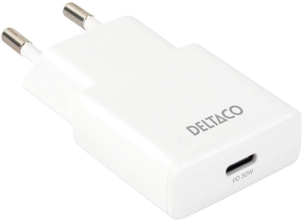 Ładowarka Deltaco USB-C wall charger 1x USB-C PD 30 W, slim size, supports PPS, white / USBC-AC156 / 1903268