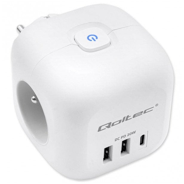 Kostka zasilająca Qoltec przedłużacz 6w1 z podświetlanym włącznikiem | 3x AC | 2x USB | 1x USB-C PD 20W | Biała