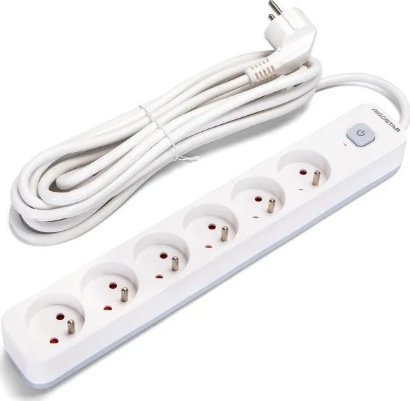 Aigostar Francuski przedłużacz 6-gniazdowy z wyłącznikiem biało-szary 5m Francuski przedłużacz 6-gniazdowy z wyłącznikiem biało-szary 5m