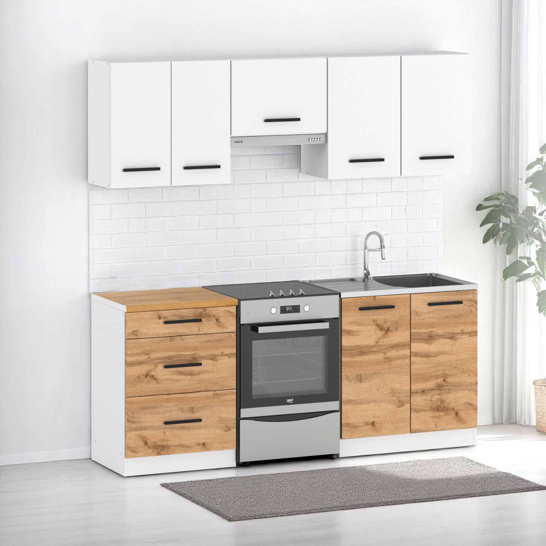 Kuchnia Nowoczesna Modułowa Z Blatem Mała 2.0m Wotan Dąb Wotan Biały Mat