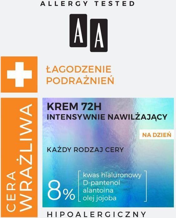 AA Cera Wrażliwa Łagodzenie Podrażnień 72H intensywnie nawilżający krem do każdego rodzaju cery na dzień 50ml
