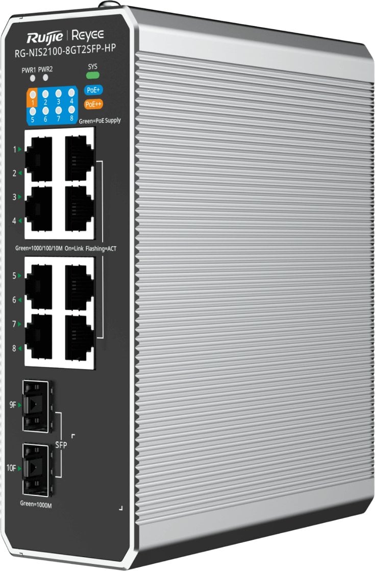 Ruijie Reyee RG-NIS2100-8GT2SFP-HP| Switch zarządzalny przemysłowy, 10 portów, 8xGE, 1xPoE++, 7xPoE+, 300W, 2xSFP, L2, Cloud