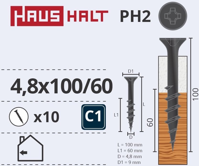 DRYWALL SCR FOR WOOD 4.8X100/60 10PCS O2