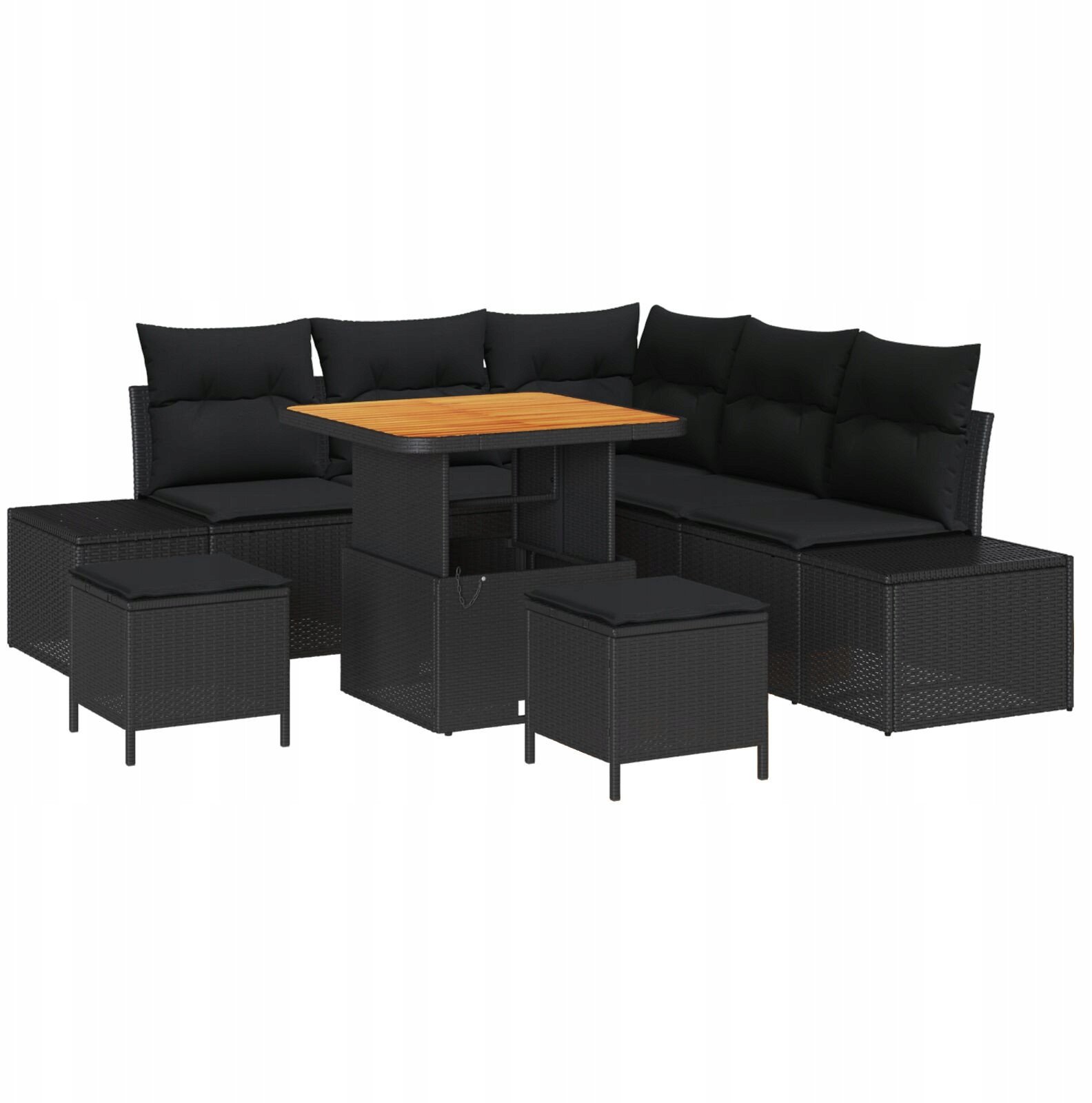 Zestaw sofy ogrodowej 8-częściowej z poduszkami Czarny Polirattan Akacja, Sofa ogrodowa 2-osobowa z poduszkami Czarny Polirattan, Zestaw jadalny 3-czę