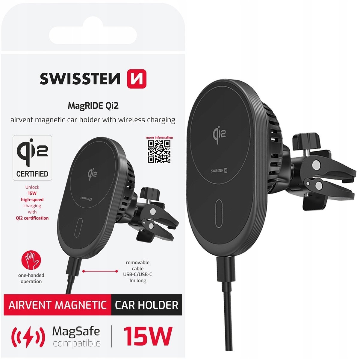 Swissten Magnetic Car Holder MagRide with Wireless Charger Qi2 15W (MagSafe compatible)