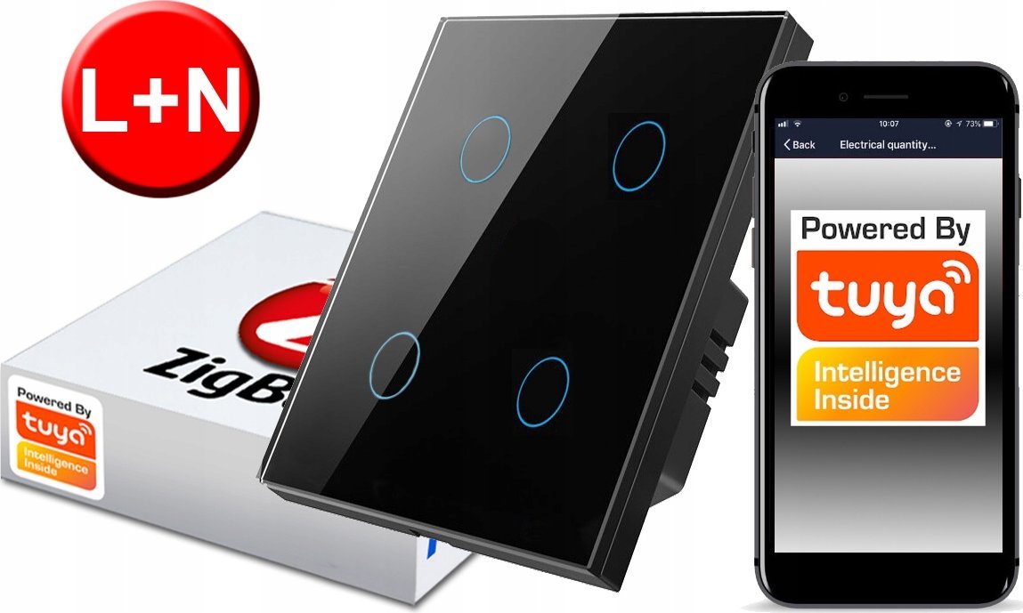 Włącznik Dotykowy ZigBee TUYA 4obw. czarny# L+N