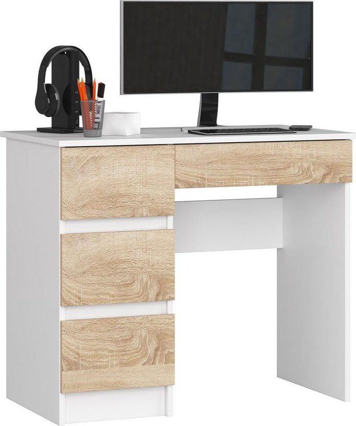 Elior Biurko białe - dąb sonoma z szufladami - Nersta 4X