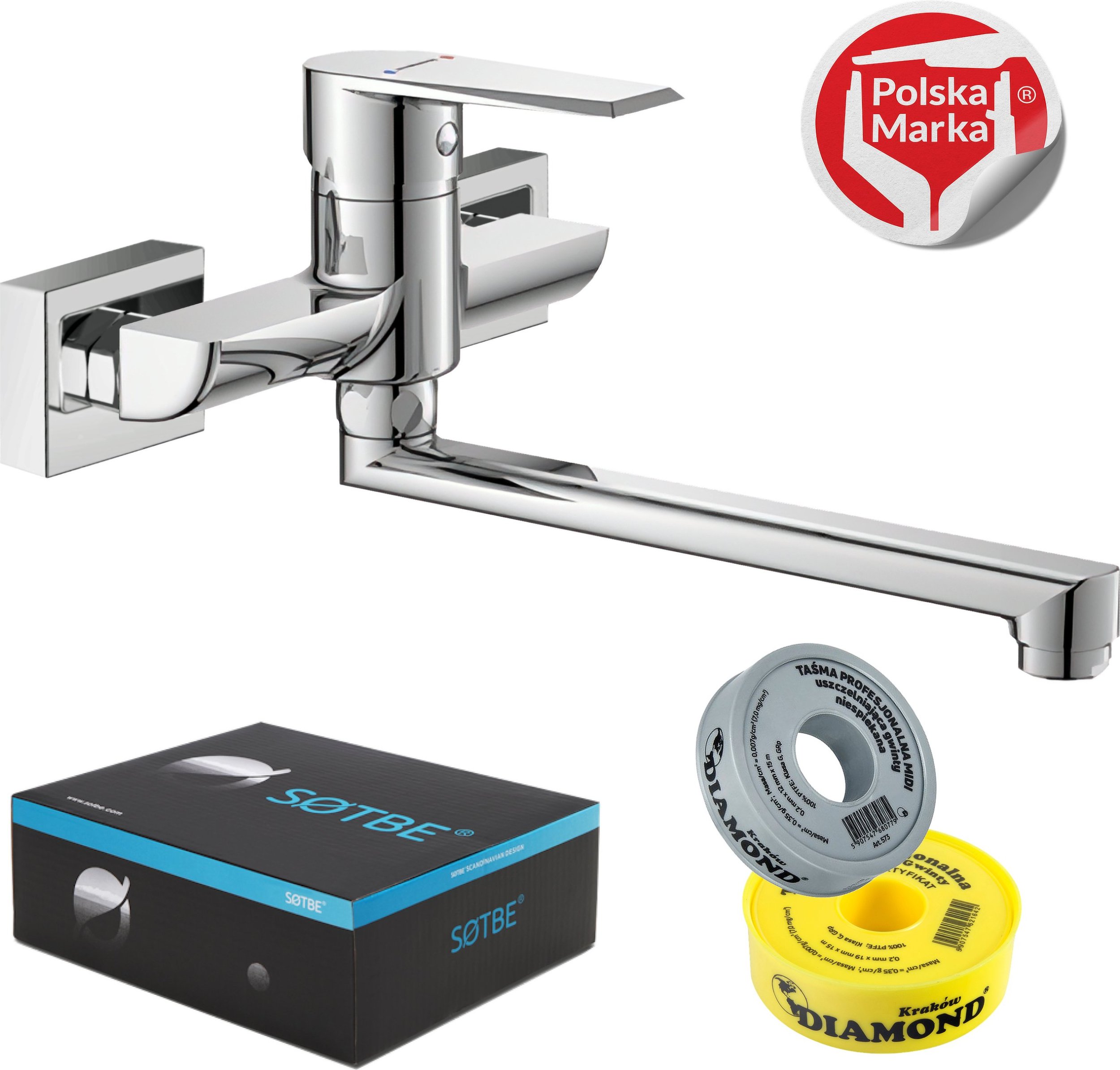 Bateria kuchenna Sotbe SOTBE VORMA Bateria kuchenna ścienna kwadratowa Ruchoma wylewka 30 cm