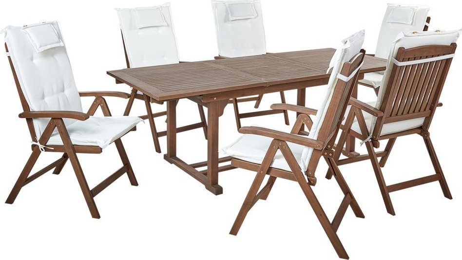 Beliani Zestaw ogrodowy drewno akacjowe stół i 6 krzeseł z poduszkami złamana biel AMANTEA