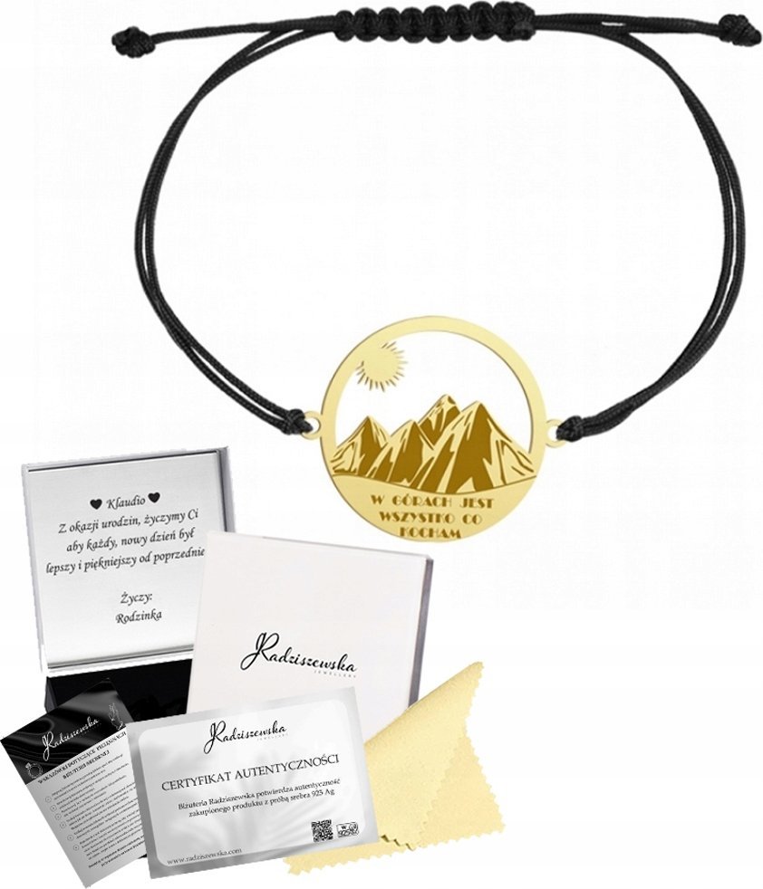 Radziszewska Jewellery ZŁOTA BRANSOLETKA GÓRY Z GRAWEREM SZNUREK PREZENT DEDYKACJA SREBRO 925