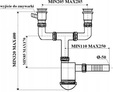 Syfon Alkotest 19156B SYFON ZLEW. 1-KOM. BUTELKOWY, SITKO NIERDZEW. 2' POD/ PRALKA/ZMYW. Z PRZELEWEM WERTYKAL. FLEXI KOREK PCV FI 50 // SZT.A.50-PP-1K
