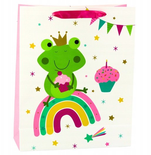Torba Prezentowa Żaba z Koroną Tęcza Biało Różowa 32x26x10cm