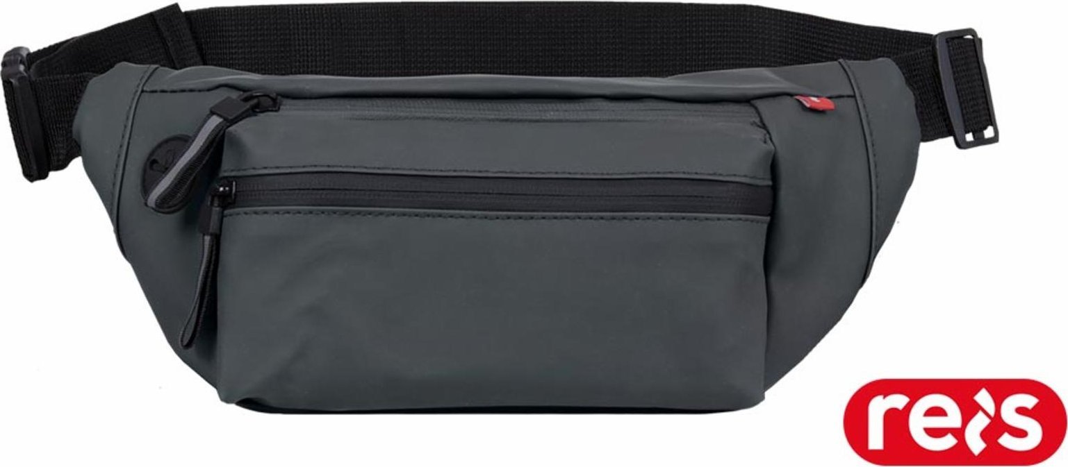 R.E.I.S. MINIBAG - solidna pojemna wodoodporna saszetka z otworem na słuchaki 3 kieszenie elementy odblaskowe pasek 50-104cm saszetka 30x15cm - ciemno