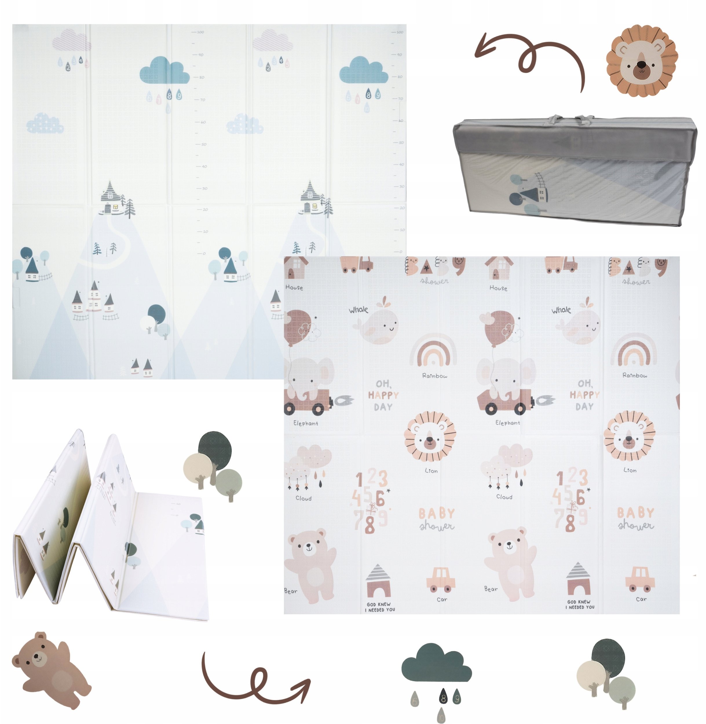 Dwustronna składana kolorowa edukacyjna piankowa mata dziecięca XXL 180x200 cm - misie i słoniki