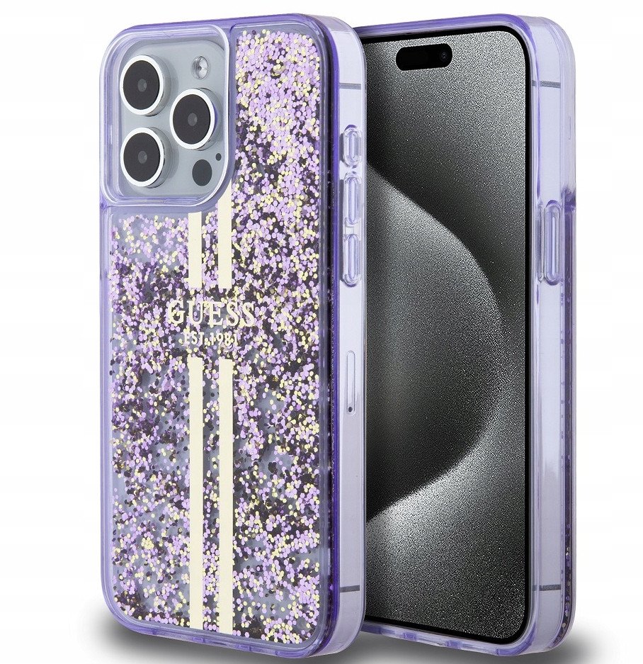 Guess Pc/Tpu Liquid Glitter Gold Stripe Case For Iphone 15 Pro Max Purple