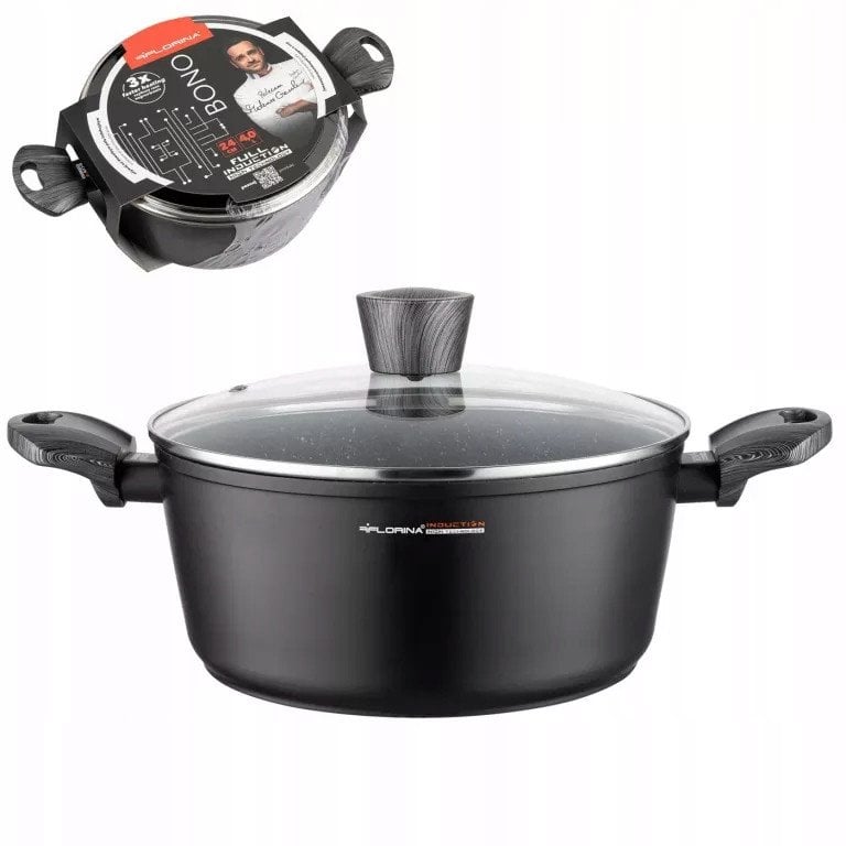 GARNEK BONO 24 CM 4,0L. Z POKRYWKĄ, IND. by M.G. (CZARNY, POWŁOKA IMITUJĄCA KAMIEŃ, UCHWYT CZARNY)