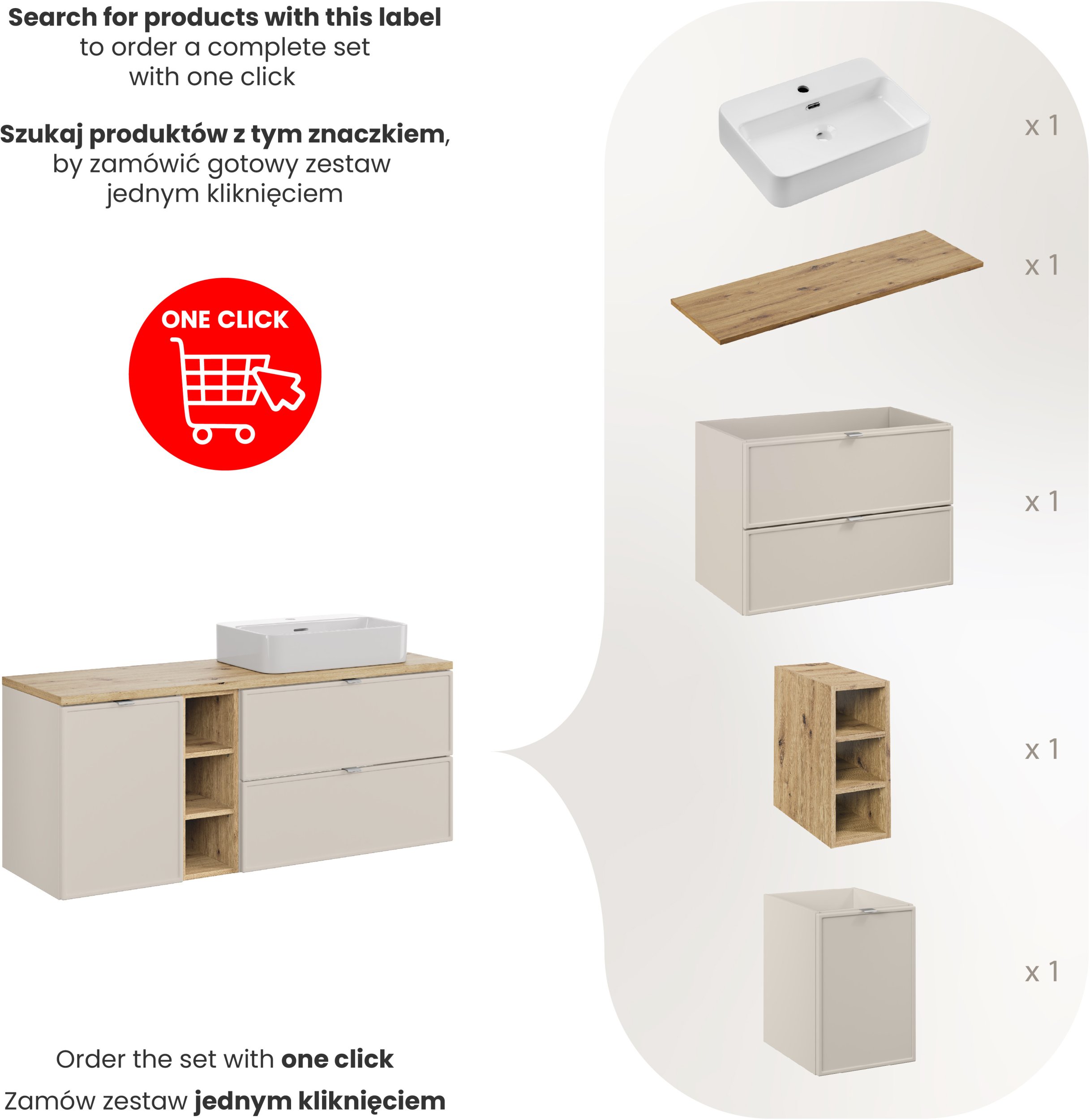 Zestaw meblowy 140cm z blatem i umywalką nablatową Trust