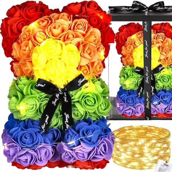 Springos Miś z płatków róż kolorowych 25 cm rose bear z lampkami LED biały ciepły UNIWERSALNY