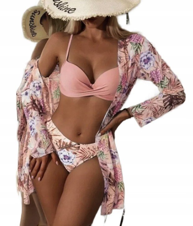Strój Kąpielowy Bikini Z Pareo Kwiaty Biustonosz Push Up Wysoki Stan S