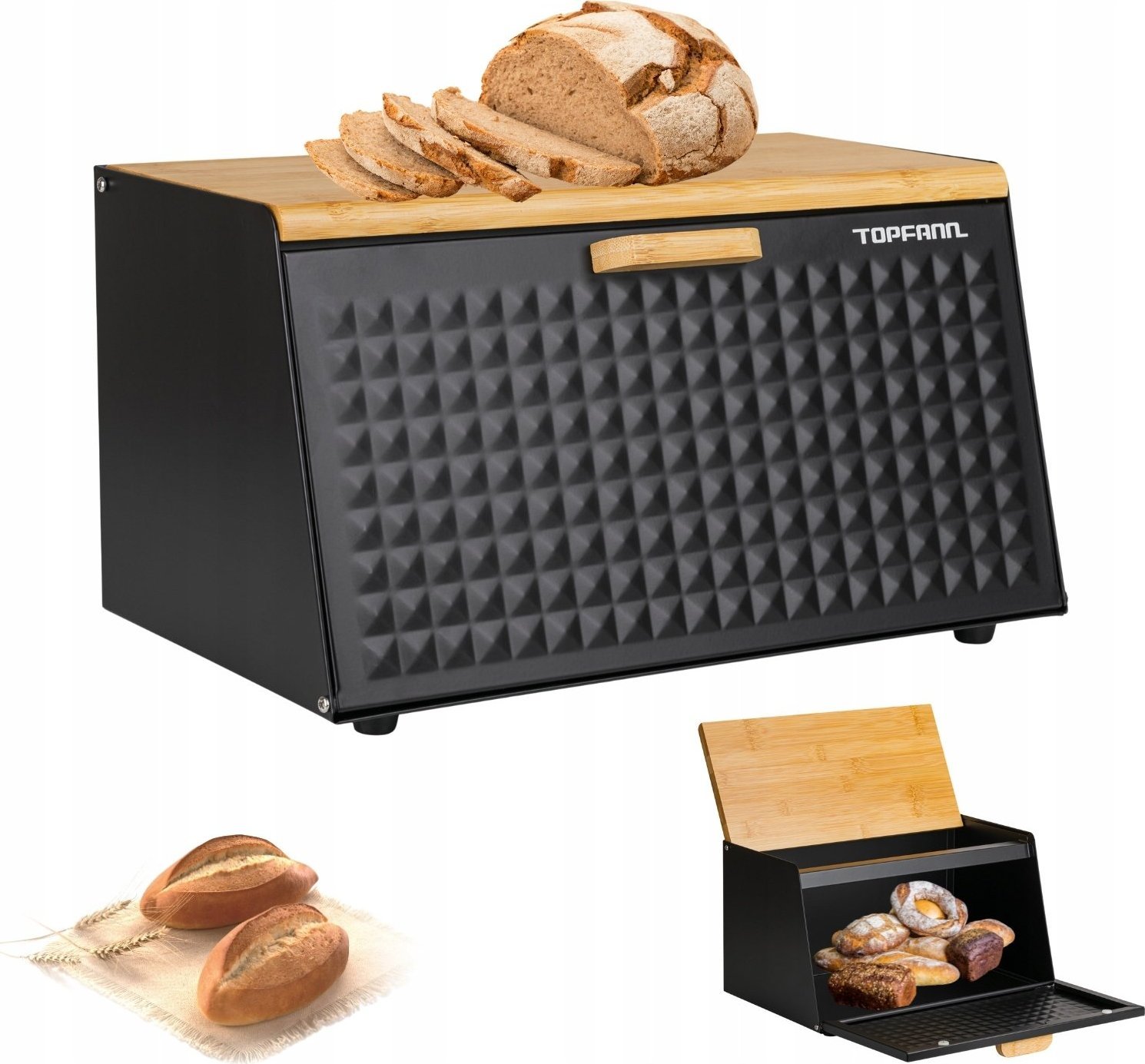 Chlebak Topfann CHLEBAK POJEMNIK METALOWY Z DESKĄ BAMBUSOWĄ NA CHLEB PIECZYWO CZARNY DUŻY