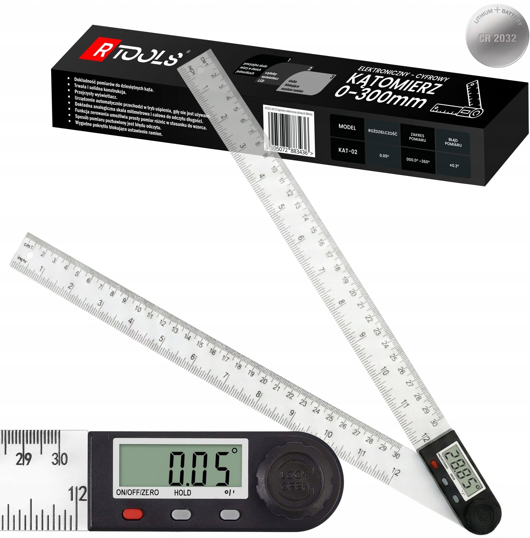 PRECYZYJNY DŁUGI KĄTOMIERZ ELEKTRONICZNY 2W1 CYFROWY LCD 360LINIJKA 300mm