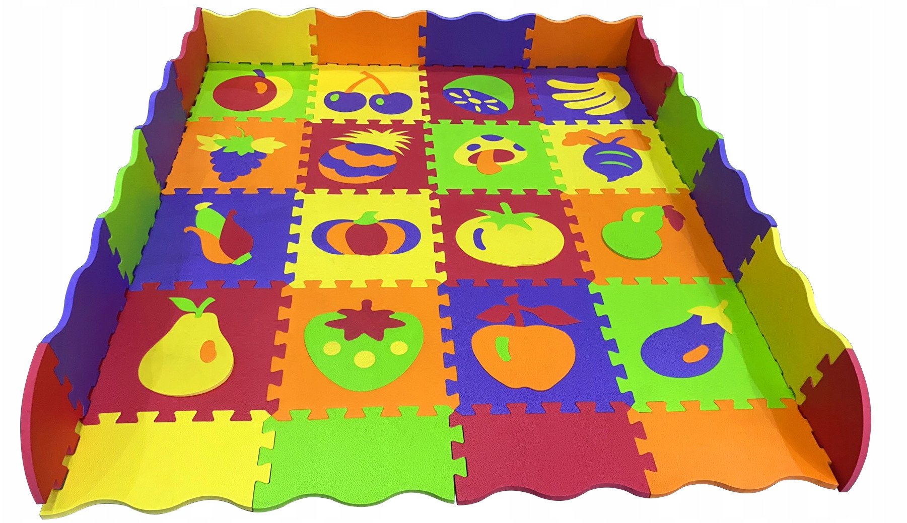 Duża mata piankowa z płotkiem i puzzlami owoce