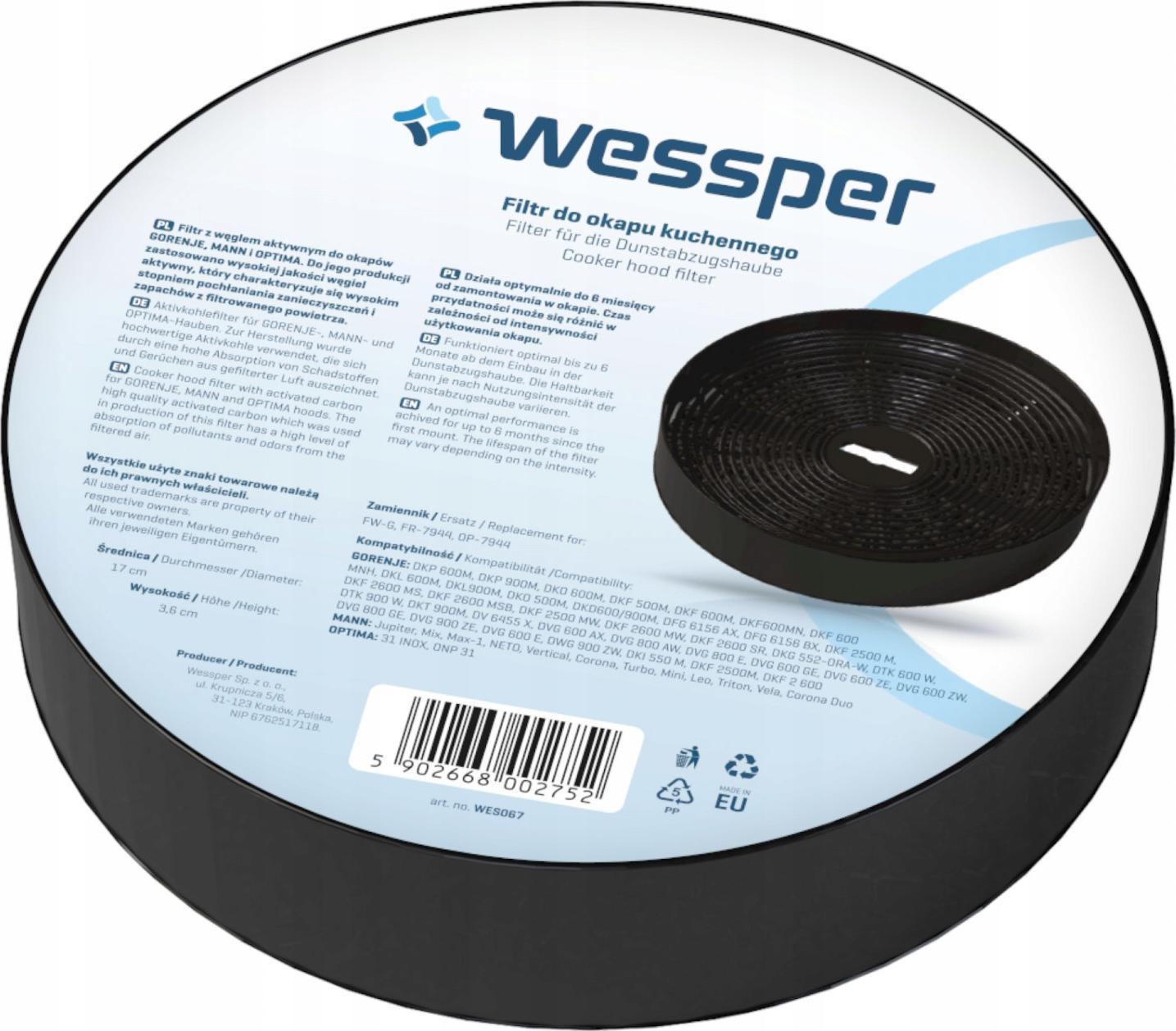 Wessper FILTR WĘGLOWY OKRĄGŁY DO OKAPU Maan Optima Gorenje