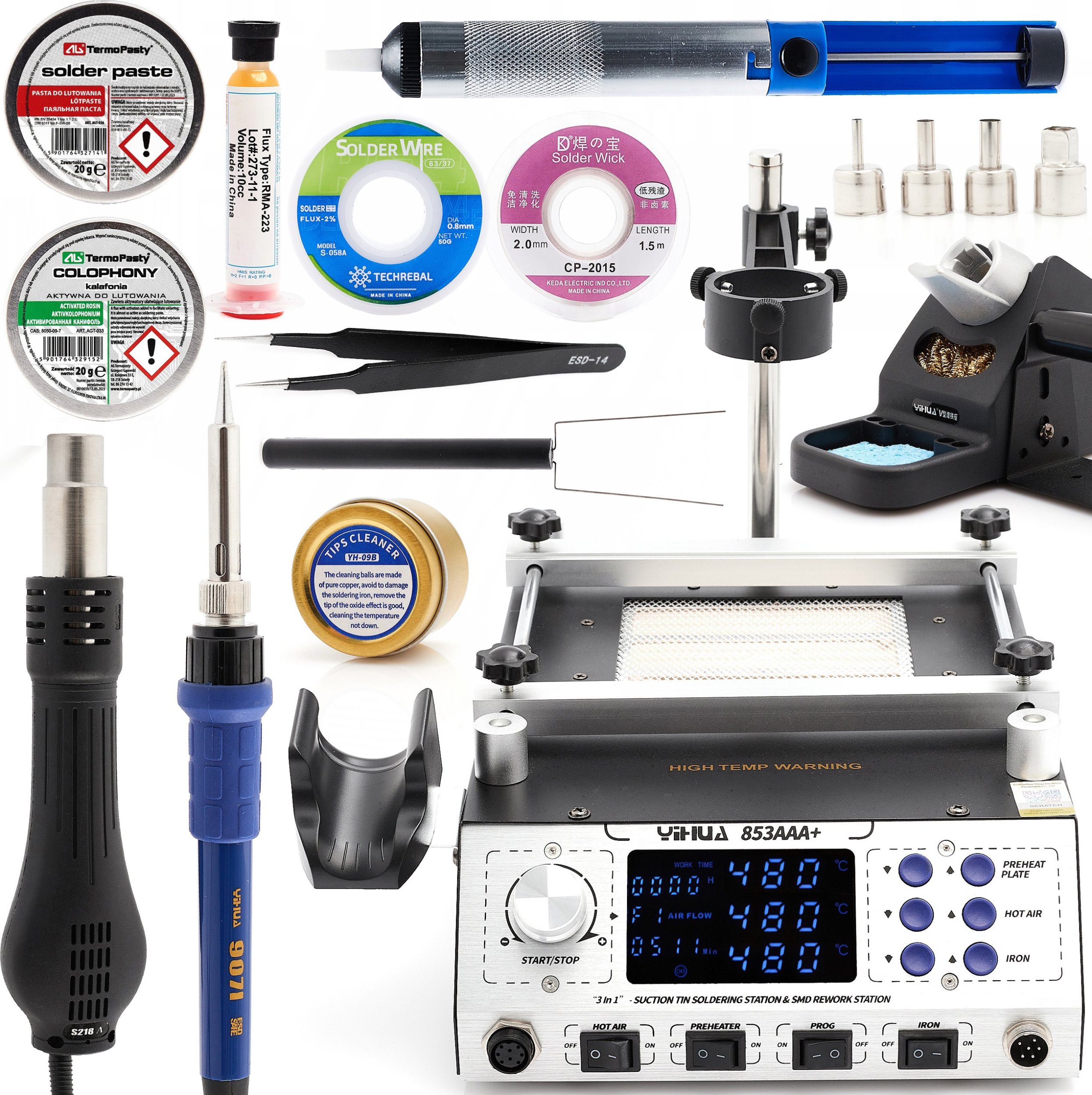 Zestaw Stacja Lutownicza 3w1 Yihua 853AAA+ Cyna Plecionka Dodatki Techrebal