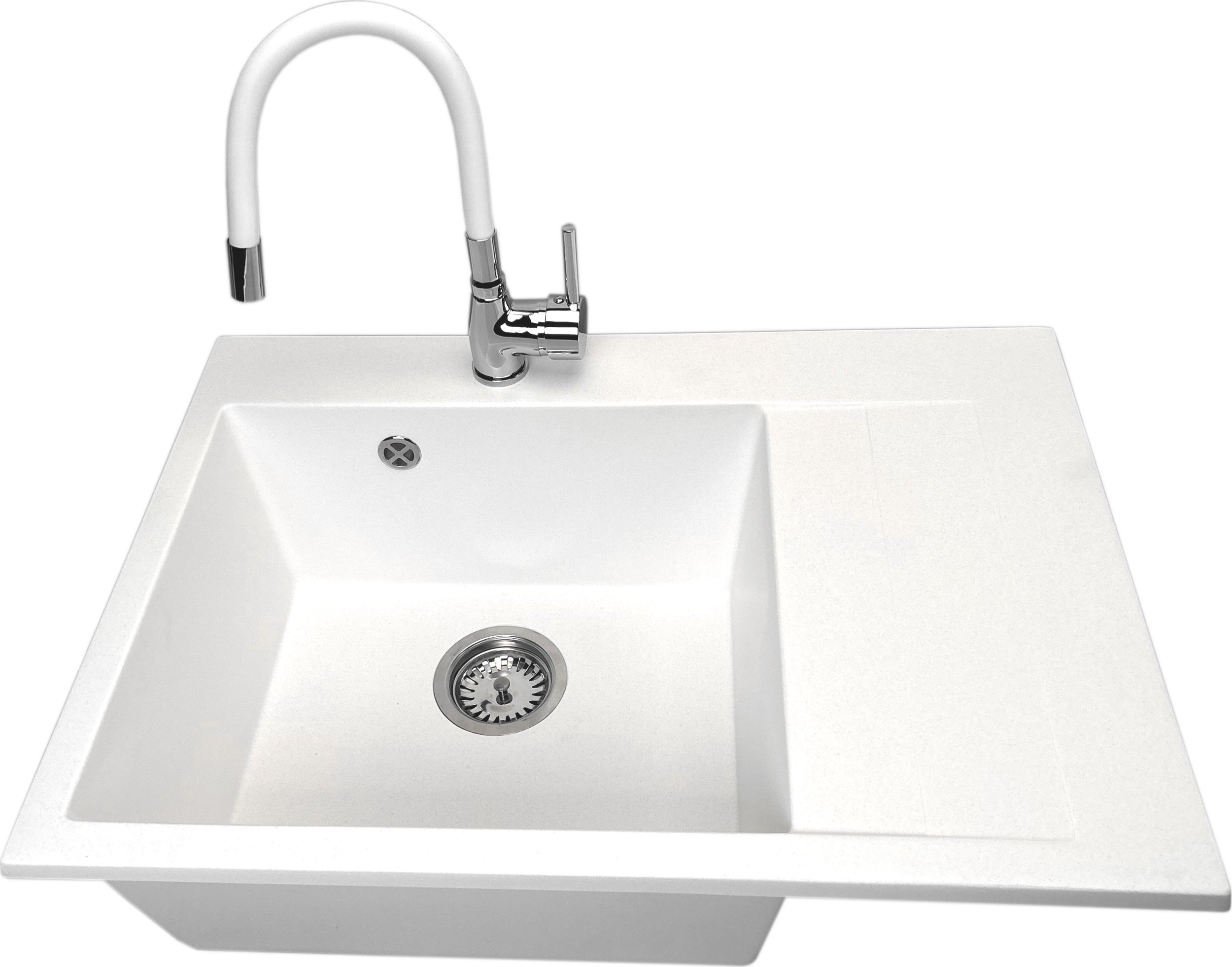 Zlewozmywak PREHNIT Zlewozmywak jednokomorowy z ociekaczem LOBSTER biały + bateria flex